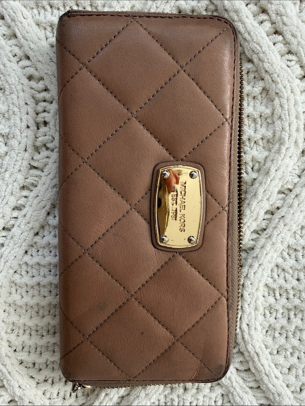 Michael Kors Quilted Tan Leather Zip Wallet with Gold Plaque